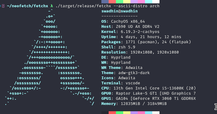 FetchX — neofetch alternative in Rust showing system info with ASCII art